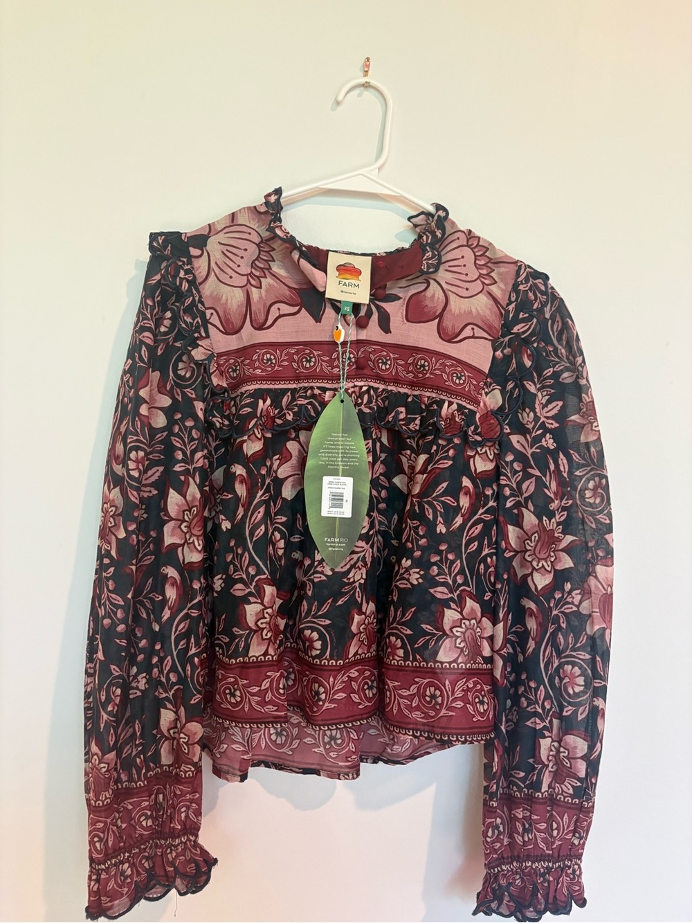 FARM Rio Burgundy and Black Floral Ruffle-Trim Blouse - Anika Charm XS